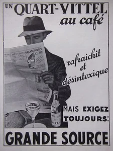 PUBLICITÉ DE PRESSE 1935 UN QUART-VITTEL AU CAFÉ GRANDE SOURCE - Picture 1 of 1