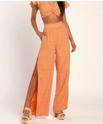 Lulus Smock and Roll Orange Striped Smocked Slit Wide-Leg Pants Size XS Slit - Image 1 of 4