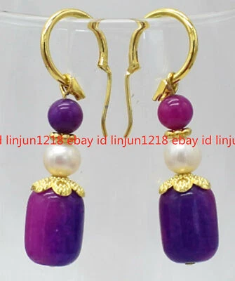 Encantador Pendiente Gancho Perla Akoya Blanco 10x14mm Sugilite Púrpura 7-8mm Foto 1 de 4