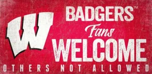 Wisconsin Badgers Fans Welcome 12" x 6" Wood Sign [NEW] NCAA Wall Cave Fan - Picture 1 of 1