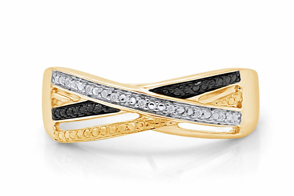 Anillo cruzado con detalles de diamantes naturales blancos enchapado en oro amarillo de 14 k (0,02 quilates) Foto 1 de 4