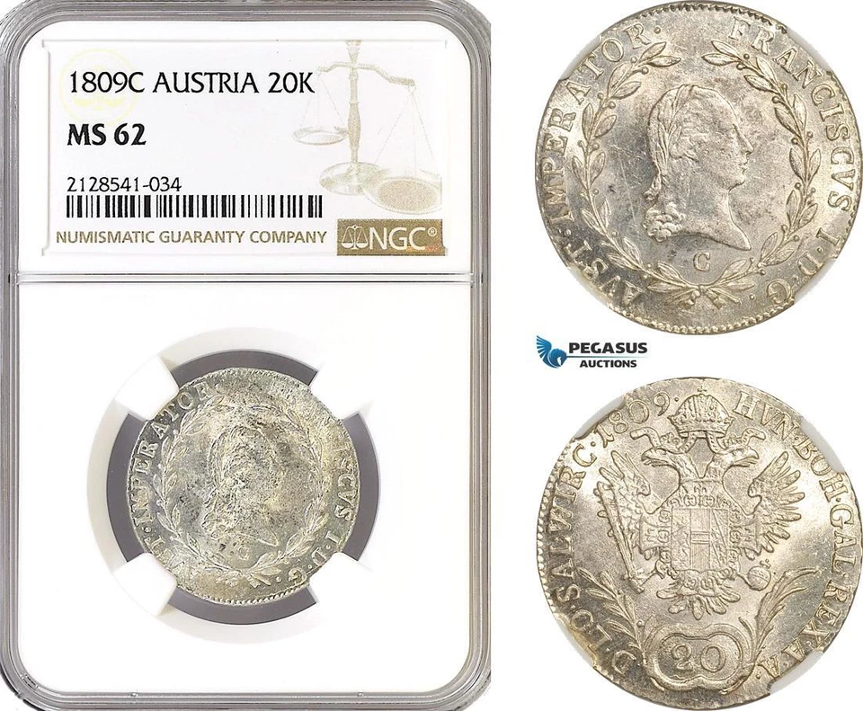 AG919, Austria, Franz II, 20 Kreuzer 1809­ C, Prague Mint, Silver, NGC MS62 - Image 1 of 1