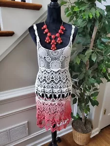 Crocheted White& Pink 100% Cotton Scoop Neck Sleeveless Knee Length Knit Dress S - Picture 1 of 11