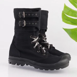 Palladium Womens Pampa Peloton Boot Size 8.5 Black Canvas Moto Combat Lug Sole - Picture 1 of 14