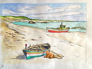 Aldo Riso - ''Barche di Pescatori'' incisione dipinta a mano 60x100 autenticata