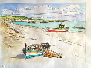 Aldo Riso ''Barche di Pescatori''-incisione dipinta a mano 60x80 autenticata - Bild 1 von 9