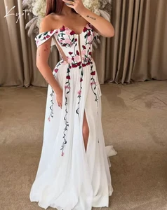 Vestido de Boda Blanco Hombro Descubierto Floral Bosque Lateral Dividido Hasta el Suelo Vestidos - Imagen 1 de 11