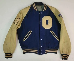 Vtg 1970s Blue White Varsity Football Distressed Letterman Jacket USA Made M/L - Picture 1 of 6