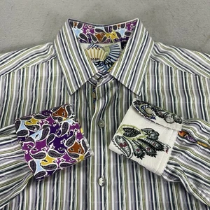 Camicia Robert Graham con bottoni paisley e polsino infradito uomo S bianca verde viola a righe - Foto 1 di 18