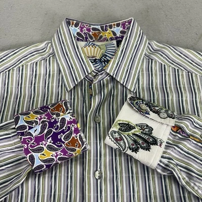 Robert Graham Button Up Paisley Flip Cuff Shirt Men S White Green Purple Striped - Image 1 of 4