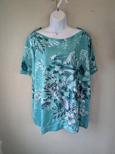 CJ Banks 3x Boat Neck Short Sleeve Top Tropical Floral Leaf Print Vacation AOP - Picture 1 of 10