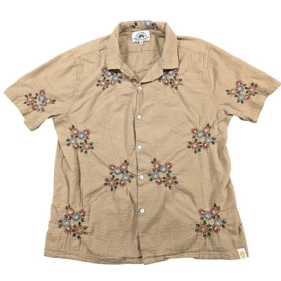 Free Planet Shirt Mens XL Tan Embroidered Floral Seersucker Button Up Camp - Image 1 of 4