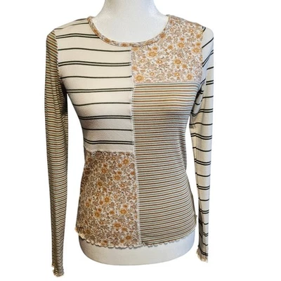 Top de manga larga American Eagle Patchwork para mujer S beige floral a rayas mezcla multimedia Foto 1 de 4