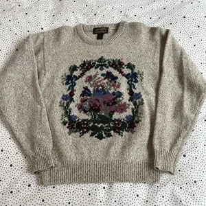 Vintage 1989 Eddie Bauer Wool Floral Wreath Knit Sweater Women's M Cottagecore - Picture 1 of 4