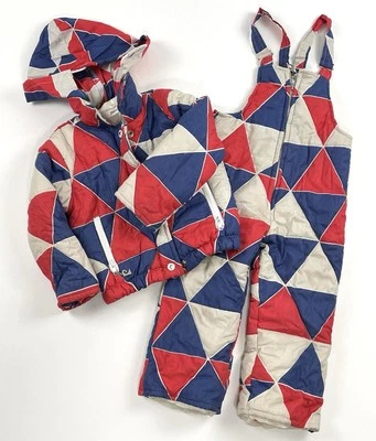Traje de nieve vintage Pierre Cardin para niños talla 4T baberos y chaqueta rojo azul triángulos Foto 1 de 4