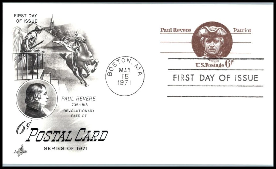 1971 Postal Card 6c Sc UX58 Paul Revere FDC with ArtCraft cachet Boston MA - Image 1 of 1