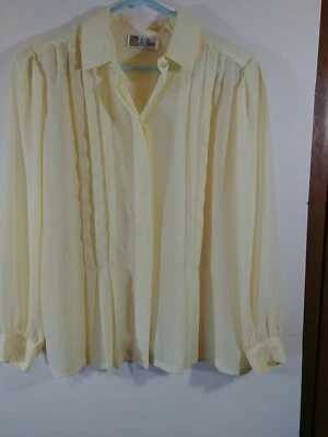 Blusa/top vintage La, amarillo, manga larga abotonada, pliegues, #3574 Foto 1 de 4