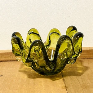 Swung Splash Green Glass Candle Holder Trinket 4.25" x 2.5" Fingered Votive - Picture 1 of 11