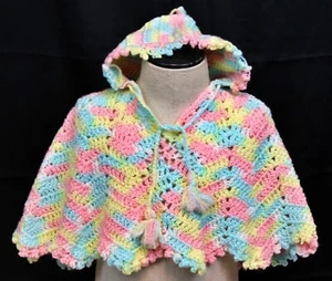 Handmade Crochet Baby Toddler Poncho Hoodie Tie Pastel Girl Chevron Tassel - Picture 1 of 5