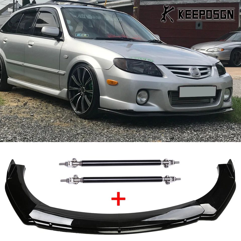 For Mazda Protege 323 Mazda3 Gloss Front Bumper Lip Splitter Spoiler Strut Rods - Image 1 of 4