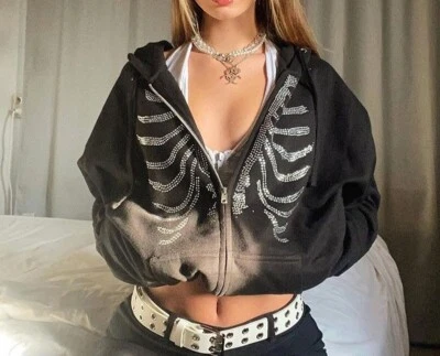 Rhinestone Skeleton Fashion Gothic Women Hoodie Sweatshirt Retro Zip Up Jacket - Image 1 of 4