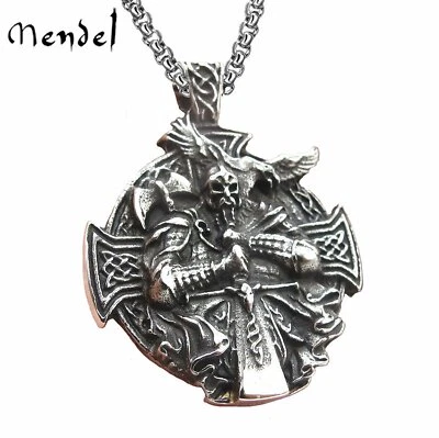 MENDEL Mens Stainless Steel Viking Norse Axe Odin Raven Cross Pendant Necklace - Image 1 of 4