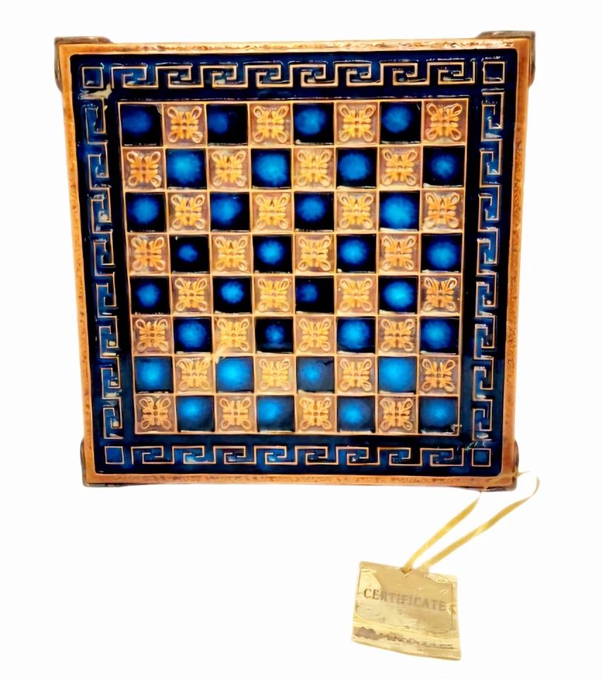 Manopoulos Mini Chess Board Greek Key Mythology Brass Blue Dot Board Only - Image 1 of 4