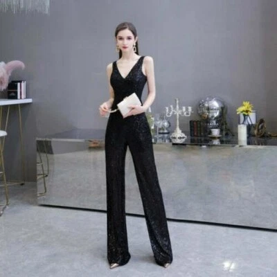 Donna Elegante senza Maniche Scollo V Paillettes Festa Pantalone Tailleur - Immagine 1 di 4