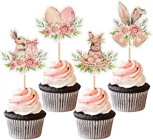 24 Pack Happy Easter Bunny Ear Cupcake Toppers Picks Rabbit Egg Cupcake for East - Picture 1 of 9