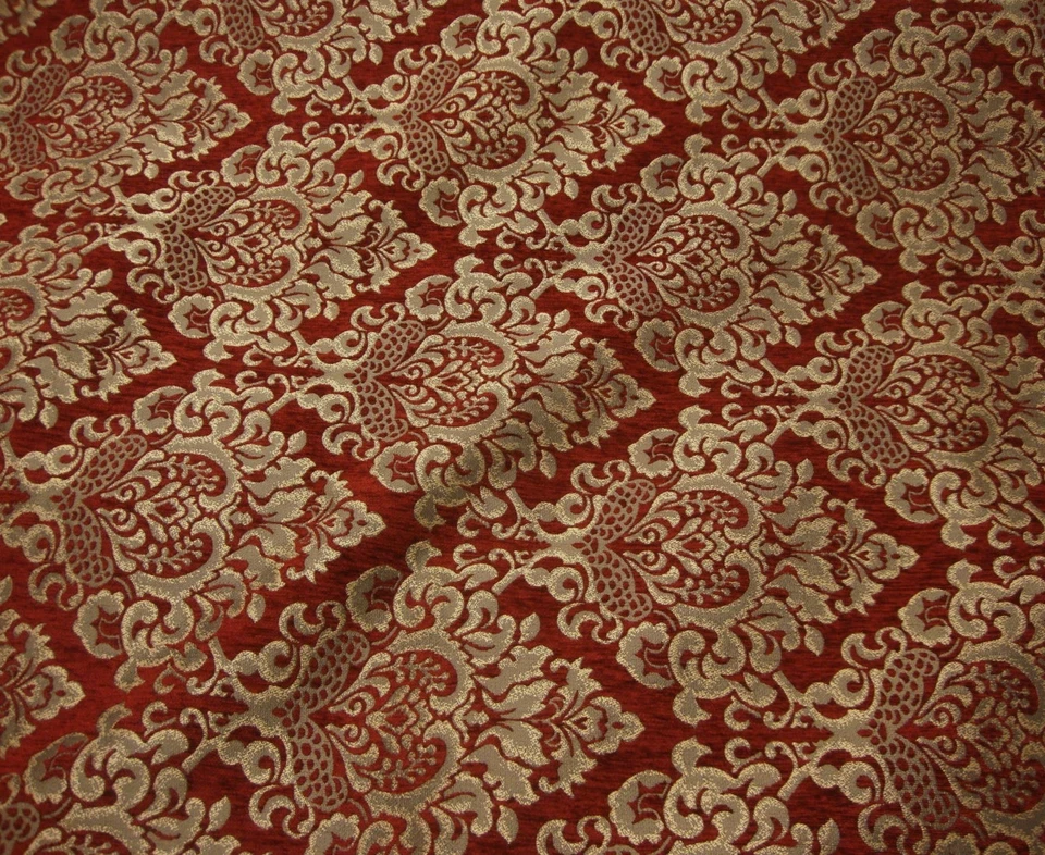 Chenille upholstery Damask Ruby Gold Print Cleopatra furniture fabric sold BTY   - Image 1 of 1