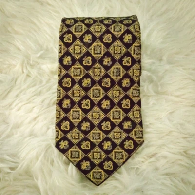 Brioni Designer Silk Burgundy Yellow Print 3.5 inches Classic Width Tie Necktie - image 1 of 4