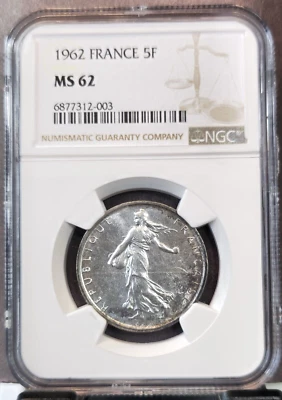 1962 FRANCE SILVER 5 FRANCS FIGURE SOWING SEEDS NGC MS 62 BEAUTIFUL COLOR TONING - Image 1 of 4