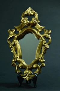 Ancien  petit miroir de couloir en bois doré volute fleur de lys 1900 ajouré - Photo 1/7