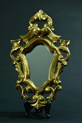Ancien  petit miroir de couloir en bois doré volute fleur de lys 1900 ajouré - Photo 1/4