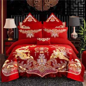 Juego de cuatro piezas de ropa de cama grande bordada roja para boda china - Imagen 1 de 29