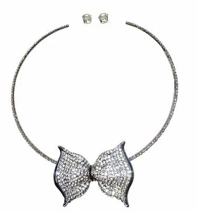 Crystal Silver Bow Choker Necklace with Stud Earring Jewellery Set - Picture 1 of 8