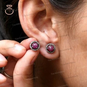 Ruby Gemstone Stud Earrings Pave Diamond 925 Sterling Silver Minimalist Jewelry - Imagen 1 de 12