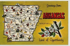 MAP POSTCARD, "GREETINGS FROM  ARKANSAS", AR, ARK, LAND OF OPPORTUNITY - Picture 1 of 2