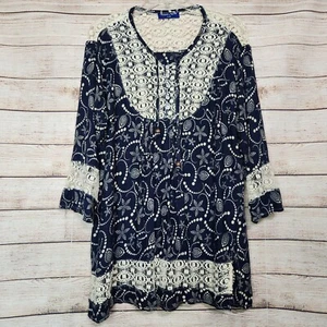 Royal Moda Boho Embroidered Lace Blouse Womens Size L 44 Navy Blue Lace Trim - Picture 1 of 16