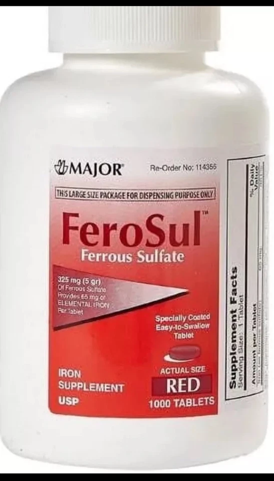 Major FeroSul 325 毫克硫酸亚铁补充剂 - 1000 片红色片 | Feosol — 第 1/1 张图片