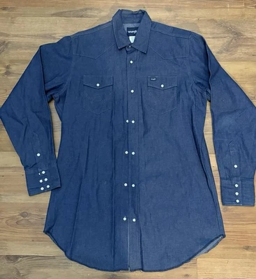 WRANGLER DENIM PEARL SNAP LONG SLEEVE WESTERN SHIRT SIZE: 17 1/2” X 37 TALL/LONG - Image 1 of 4