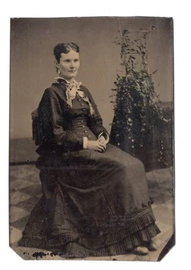 1870s Gilded Age Lady Seated 1/6 Plate Tintype Fashion Jewelry - Picture 1 of 4
