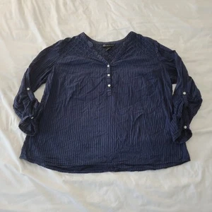 Lane Bryant Blouse Womens 20 Blue Striped Lace Yoke Long Sleeve Boho Top Cotton - Picture 1 of 8