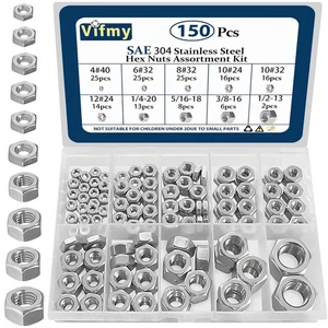 Vifmy 150 Stck. SAE Sechskantmuttern Sortiment Kit 4#40 6#32 8#32 10#24 10#32 12#24 1/4-.. - Bild 1 von 3
