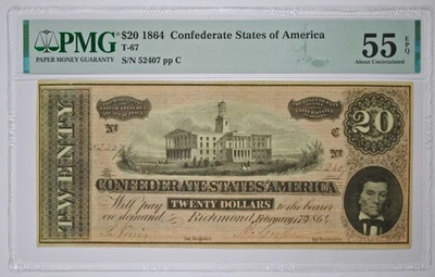 $20 1864 T-67 Richmond Virginia Confederate States America About UNC 55 EPQ PMG - Image 1 of 2