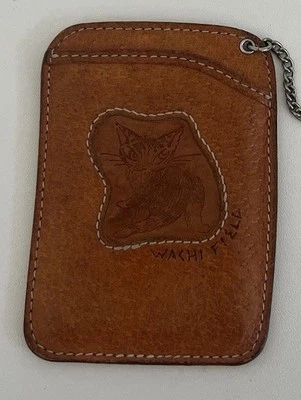 Cartera portatarjetas Wachi Field de cuero marrón naranja gatito gato cadena de colección Foto 1 de 4