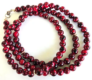Vtg Red Marbled Black & Gold Tone Disc Acrylic Bead Single Strand Necklace 30.5" - Picture 1 of 6