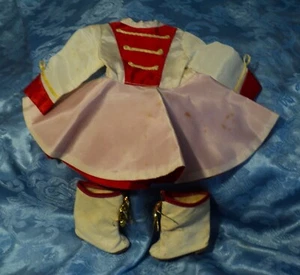 VTG 1950's DOLL'S MAJORETTE DRESS &BOOTS. FOR 16"DOLL? TAFFETA & OILCLOTH.VG.CON - Picture 1 of 21