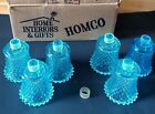 6 in Box Vintage Homco Diamond Point Glass Peg Votive Candle Cups Aqua Blue
