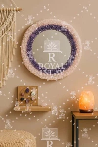 30" Rose Quartz & Amethyst Crystal Mirror – Boho-Chic Round Wall Mirror - Picture 1 of 9